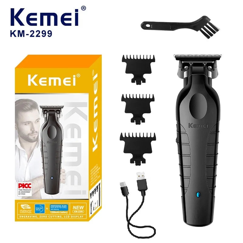 Kemei KM-2299 Professional Cordless Hair Trimmer - Zero-Gapped T-Blade for Precision Beard & Hair Cutting, USB Rechargeable with 180-Min Battery Life